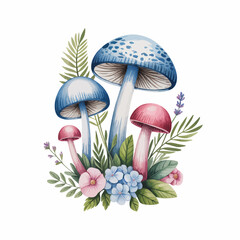 Watercolor Illustration of Forest Mushrooms and Wildflowers A Delicate and Enchanting Botanical Art Piece Ideal for Nature Lovers and Artistic Decor