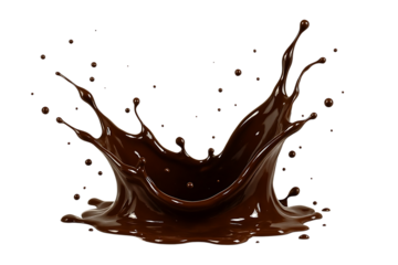 Dynamic dark chocolate splash frozen in mid air isolated on transparent background