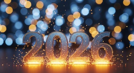 Sparkling crystal numbers of 2020 illuminated by warm golden light and bokeh background