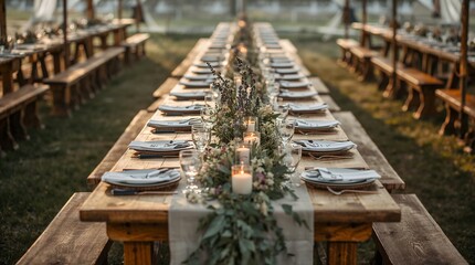 Rustic Outdoor Banquet Table with Linen Runners Candles and Wildflowers in Natural Morning Light Before Festival