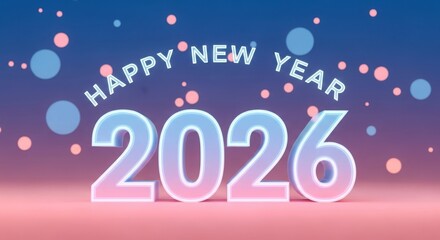 Happy new year 2026 with glowing numbers and bokeh lights on a gradient background
