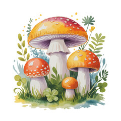 Watercolor Illustration of Four Mushrooms in a Forest Glade Artistic Fungi with White Spots and Lush Greenery and Clover