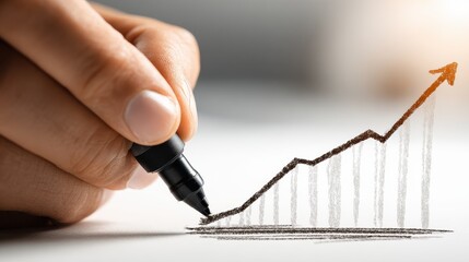 Close-up of hand drawing rising financial graph with marker, concept of business analytics and market forecasting on white background, copy space.