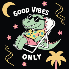 Good Vibes Only
This fun and cheerful image features a cool cartoon crocodile lounging comfortably on an orange chair. The crocodile is wearing stylish sunglasses and has a relaxed, happy expression. 