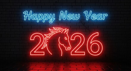 Glowing neon horse silhouette forms the year 2026 with happy new year message