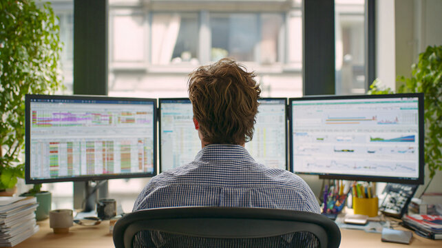 Person at a three-screen editing workstation — video editing, post-production and color grading.