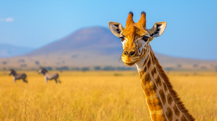 Giraffe and zebras in grass. A giraffe stands gracefully in a golden grassland, with zebras wandering in the background under a clear blue sky.