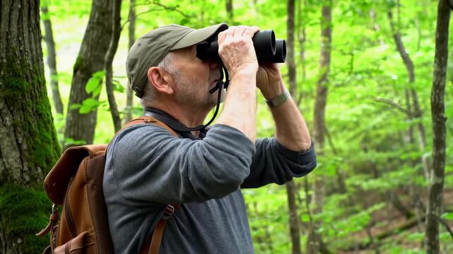 Man with backpack uses binoculars in lush forest