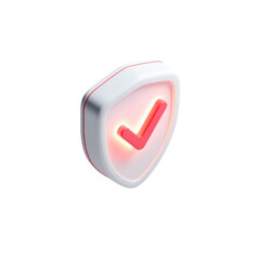 3D rendered white shield icon with glowing red checkmark