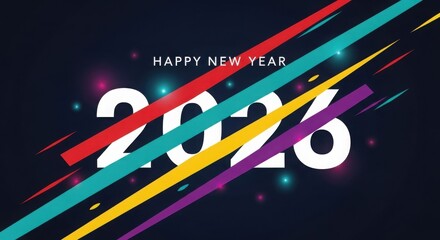 Dynamic happy new year 2026 celebration with colorful abstract brush strokes and glowing lights
