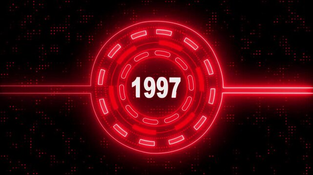 1997 text with screen neon effects of technological failures.  Past year technology concept ..