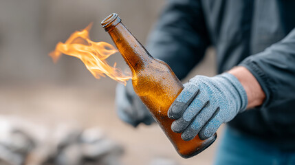 Fiery effect with glass bottle. A person holds a glass bottle with flames emerging from the top while wearing gloves in an outdoor setting.