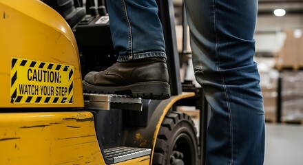Close-up of a warehouse worker's boot on a forklift step next to a safety warning sticker.