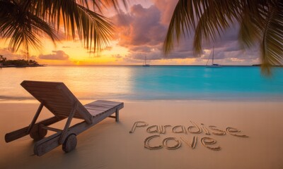 Fototapeta premium Tropical beach paradise at sunset. Wooden chaise lounge on sandy shore