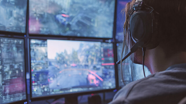 Operator at monitors and headset monitoring digital panels — control room, cyber operations and data monitoring.