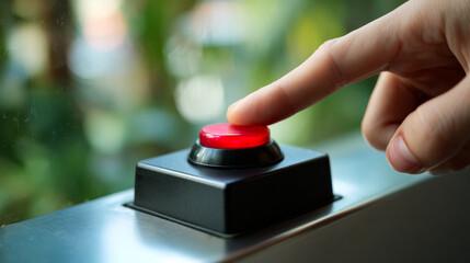 Finger poised over a bright red button. A hand with a finger is about to press a large red button in a colorful environment filled with greenery.