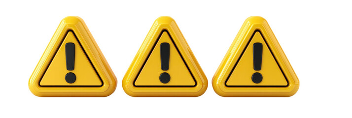Three 3D rendered, yellow caution triangles with black exclamation points