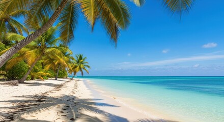 Obraz premium Tropical beach paradise. Sunlight on white sand, turquoise water, palm trees
