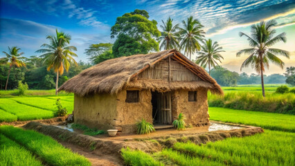 Fototapeta premium A small traditional hut in a lush green rice field landscape