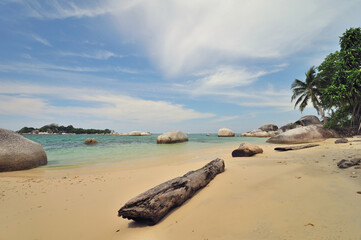 A pile of driftwood on tropical beach with granite rock beach in Belitung Island, Indonesia. 