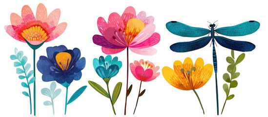 Obraz premium Vibrant flowers and a dragonfly in a colorful arrangement