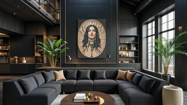 The interior of a luxurious living room featuring a dark aesthetic and elegant design.