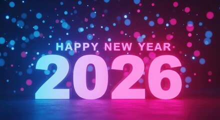 Happy new year 2026 illuminated with vibrant neon lights and bokeh effects