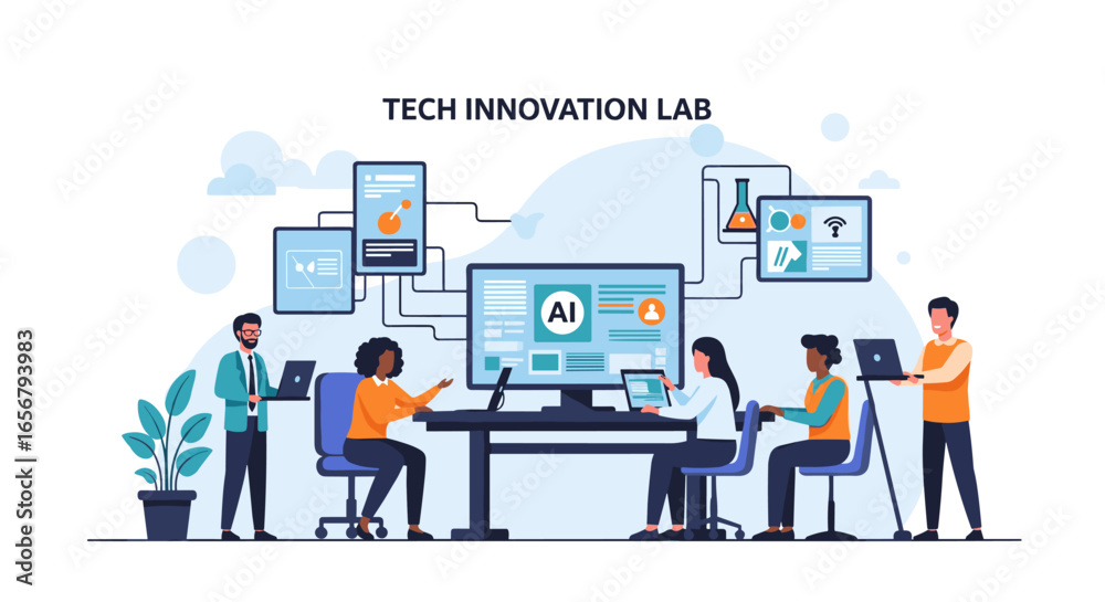Wall mural a diverse team of professionals collaboratively develops artificial intelligence and innovative tech