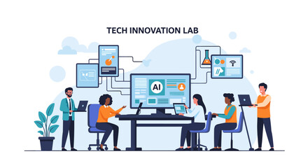 A diverse team of professionals collaboratively develops artificial intelligence and innovative technology solutions within a modern tech innovation lab environment.
