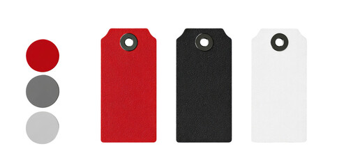 Three blank rectangular tags in red, black, and white (1)