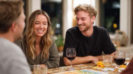 A group of friends laughing and having fun during a game night at home, surrounded by drinks and snacks, creating a warm and joyful atmosphere.