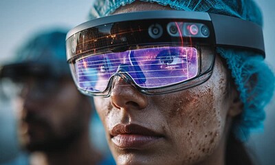 A person wearing a head-mounted display reflects digital interfaces on the lenses; another figure is blurred - Powered by Adobe