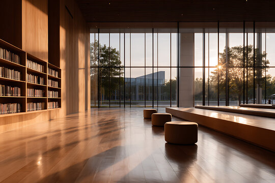architectural design, contemporary library with tall windows, sunlight, and rows of bookshelves creates a serene ambience