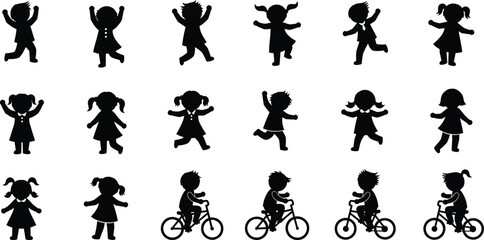 Silhouette vector of happy children running, jumping, playing, and riding bicycles, perfect for educational, creative, and family design projects