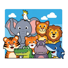 Naklejka premium Adorable Cartoon Animals Group Elephant, Lion, Tiger, and More, Cartoon Illustration