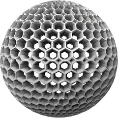 A sphere composed of interlocking hexagonal facets, creating a complex, repeating pattern.  Light gray tones