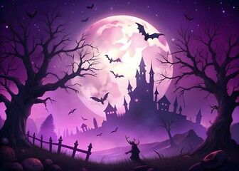 Eerie halloween night with a spooky castle and bats under a large full moon