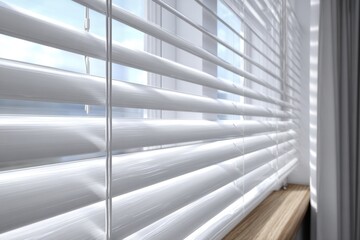 Obraz premium Wooden blinds on large windows, sunlight. Elegant living room interior with windowsill, wood blinds. Motorized jalousie in the smart house. Modern window shutters, roller. Duo system day and night.