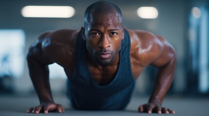 A focused man performing push-ups in a gym. The atmosphere is intense and motivational, showcasing strength and determination.