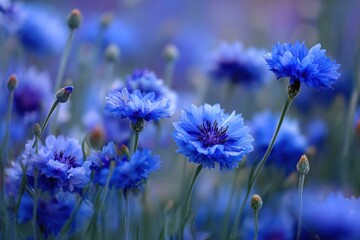 Fototapeta premium Wonderful blooming of Blue cornflowers on green background.