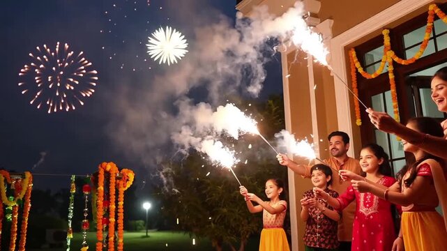 Diwali Festival Celebration with Family Lighting Sparklers