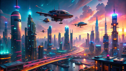 Futuristic cityscape with flying vehicles and skyscrapers at sunset