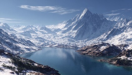 A serene snowy mountain landscape with a lake