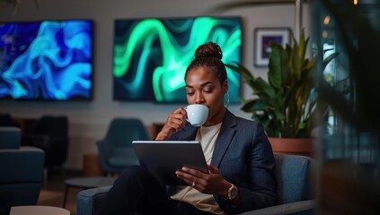 Worker relaxes in modern break area sipping coffee while reading tablet