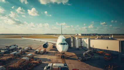 Busy airport apron bustling with service vehicles attending large commercial aircraft