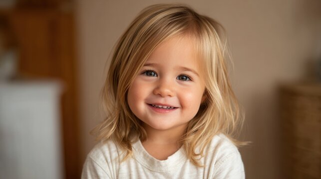 A cheerful young girl with blonde hair smiles warmly at the camera in a cozy indoor environment, radiating happiness and innocence. - Powered by Adobe