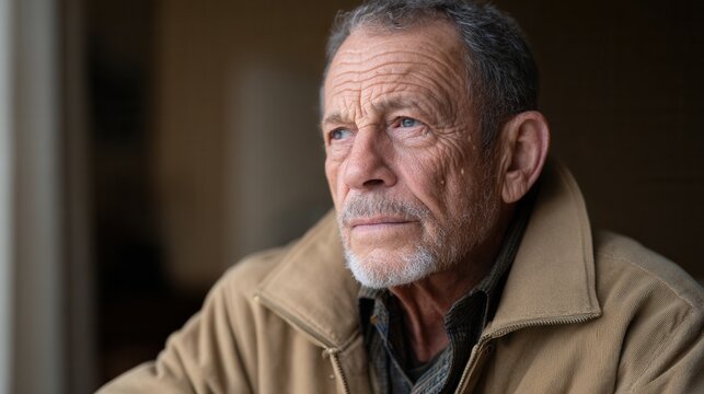 A senior man with a thoughtful expression gazes out a window, reflecting on life. The setting conveys a sense of contemplation and nostalgia.