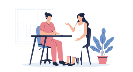 Healthcare Consultation Illustration: Expectant Mother Discussing with Medical Professional in a Warm and Welcoming Environment Surrounded by Indoor Plants Ideal for Maternity and Wellness Marketing