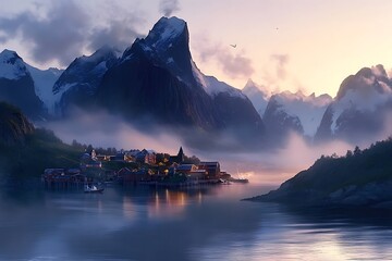 Misty mountain village by a serene river at sunset