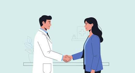 Fototapeta premium Professional Doctor-Patient Interaction: A Nurse and Patient Shaking Hands in a Modern Healthcare Setting Illustrating Trust and Compassion in Medical Care Services with a Clean Aesthetic